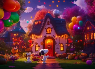 A playful image of Snoopy and his friends having a Halloween party, with colorful balloons, spooky snacks, and fun decorations, all sharing laughs and treats.