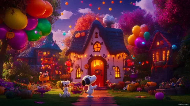 A playful image of Snoopy and his friends having a Halloween party, with colorful balloons, spooky snacks, and fun decorations, all sharing laughs and treats.