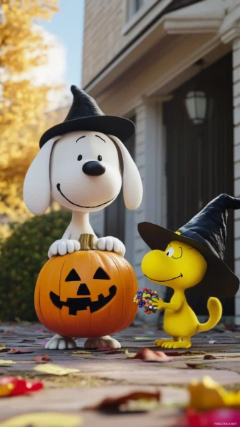 A whimsical scene of Snoopy and Woodstock trick or treating together, with Snoopy in a cute pumpkin costume and Woodstock dressed as a little witch, joyfully collecting candy.