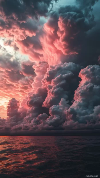 Aesthetic pink clouds swirling in a dramatic sky over an ocean horizon, with the last rays of the sun fading into night.