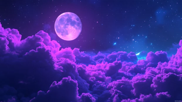 Aesthetic violet clouds illuminated by the moonlight in a twilight sky, giving off an otherworldly glow, perfect for a night themed aesthetic.