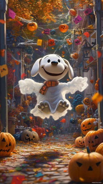 Snoopy dressed as a friendly ghost, floating around with a playful smile, surrounded by colorful Halloween decorations like pumpkins and cobwebs.