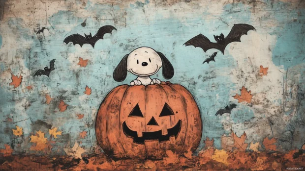 Snoopy hiding behind a large pumpkin with a mischievous grin.