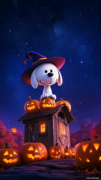 Snoopy perched atop his doghouse, wearing a witch's hat and surrounded by glowing jack o lanterns.