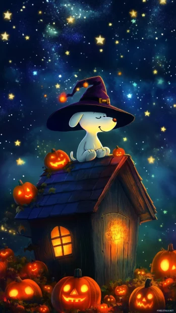 Snoopy perched atop his doghouse, wearing a witch's hat and surrounded by glowing jack o lanterns, casting a magical vibe under a starry night sky.