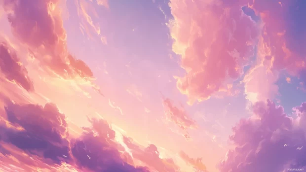 Soft pink clouds drifting across a pastel sunset sky, with subtle hints of orange and lavender in the distance.