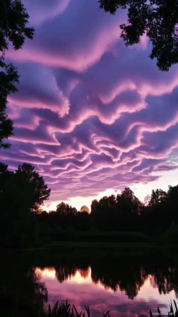 Soft pink clouds forming intricate patterns in the sky.