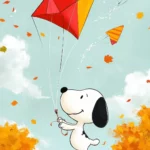 A cheerful Snoopy flying his kite in a breezy fall day.