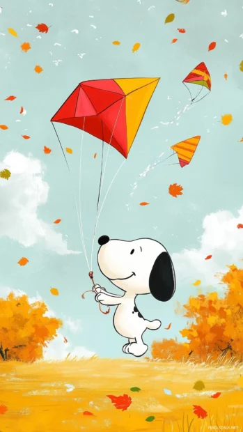 A cheerful Snoopy flying his kite in a breezy fall day.