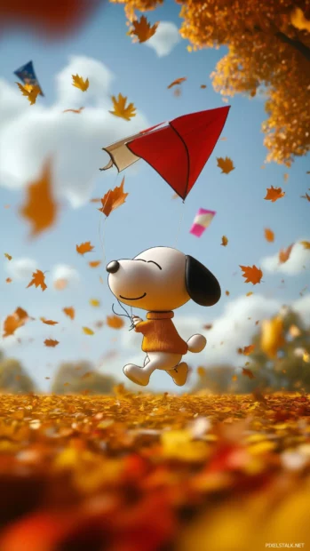 A cheerful image of Snoopy flying his kite in a breezy fall day, with colorful kites soaring in the background and the leaves swirling around him.