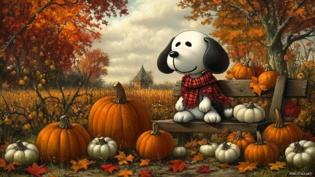 A cozy scene of Snoopy sitting by a pumpkin patch, surrounded by various pumpkins and gourds, wearing a cute scarf as the leaves change colors around him.