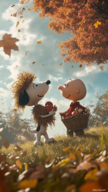 Snoopy and Charlie Brown playing in the park, with Snoopy dressed as a scarecrow and Charlie Brown holding a basket of apples, enjoying a crisp autumn day together.