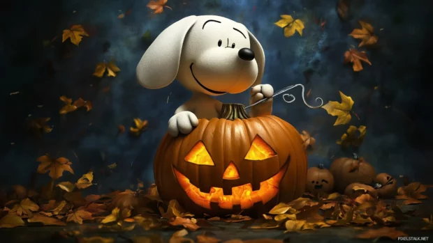 Snoopy carving a pumpkin for Halloween.