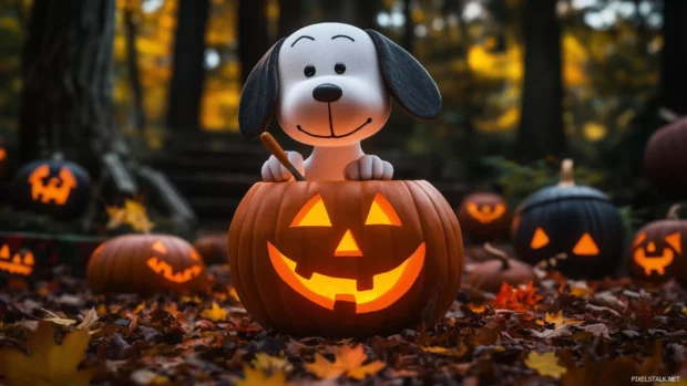 Snoopy carving a pumpkin for Halloween, with a playful expression as he holds a carving tool, surrounded by spooky decorations and scattered leaves.