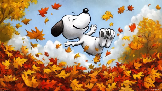 Snoopy jumping into a pile of colorful autumn leaves, with leaves flying everywhere and a big smile on his face, capturing the joy of fall.