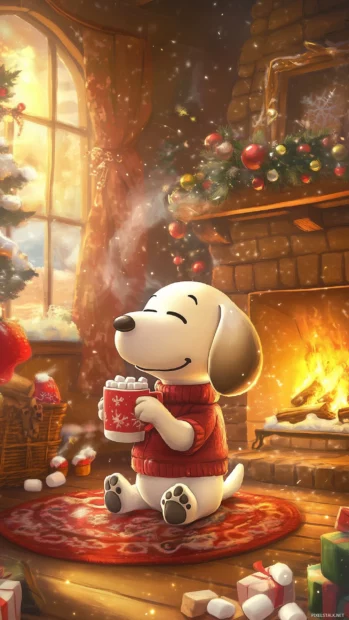 A cozy depiction of Snoopy sitting by a warm fireplace in his doghouse, sipping hot cocoa with marshmallows, surrounded by holiday decorations and a cheerful atmosphere.