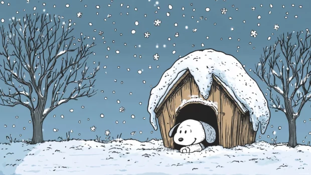 A delightful image of Snoopy peeking out of a snow covered doghouse, with a playful expression as he watches the winter wonderland outside, filled with trees and snowflakes.