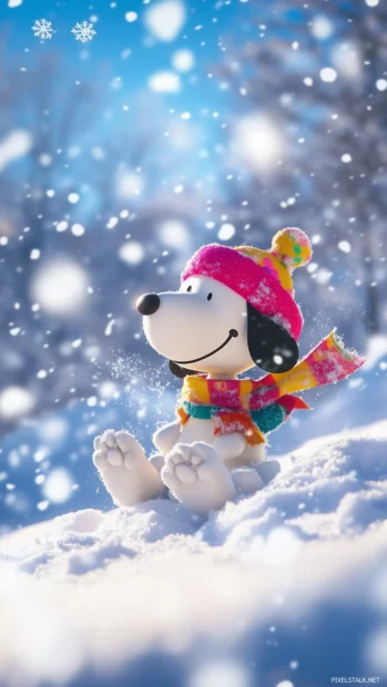 Snoopy bundled up in a colorful scarf and hat, joyfully making snow angels in a blanket of fresh snow, surrounded by softly falling snowflakes.