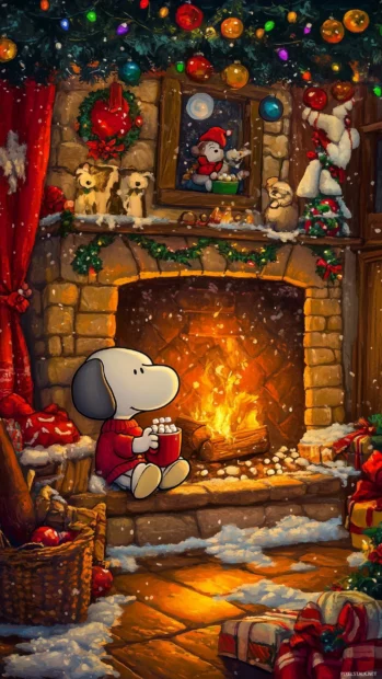 Snoopy sitting by a warm fireplace in his doghouse.