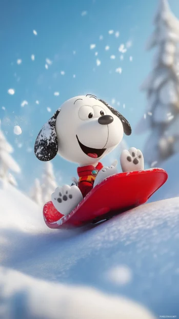 Snoopy sliding down a snowy hill on a sled, with a big grin on his face and snow flying behind him.