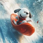 Snoopy sliding down a snowy hill on a sled, with a big grin on his face and snow flying behind him, capturing the excitement of winter fun.