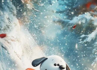 Snoopy sliding down a snowy hill on a sled, with a big grin on his face and snow flying behind him, capturing the excitement of winter fun.