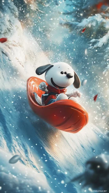 Snoopy sliding down a snowy hill on a sled, with a big grin on his face and snow flying behind him, capturing the excitement of winter fun.