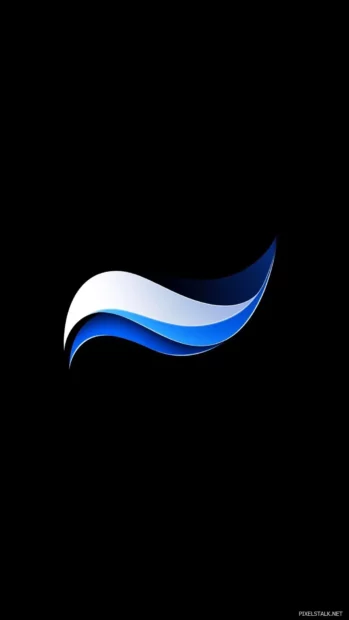 A sleek abstract wave design in shades of blue and white on a clean black background.