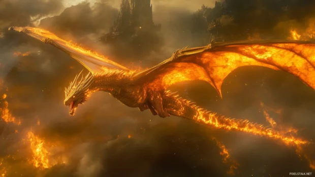 A Dragon soaring through a smoky sky, leaving a fiery trail in its wake .