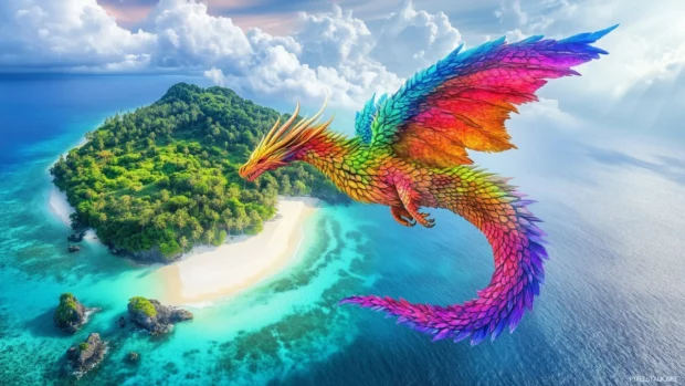 A Dragon with vibrant, rainbow colored scales soaring over a tropical island with crystal clear waters and lush greenery.