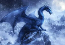 A blue ice Dragon perched on a snowy peak, its scales shimmering in the cold light of the moon.