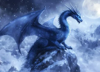 A blue ice Dragon perched on a snowy peak, its scales shimmering in the cold light of the moon.