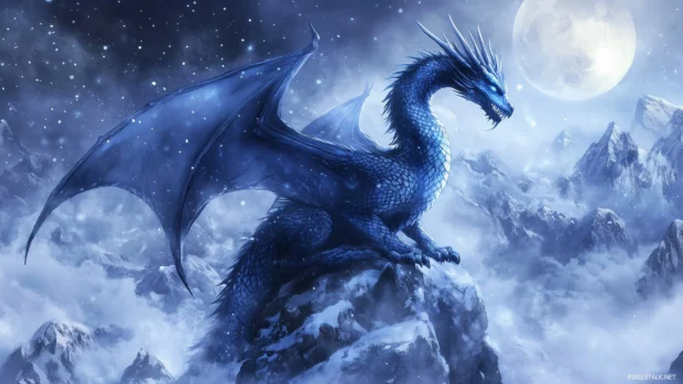 A blue ice Dragon perched on a snowy peak, its scales shimmering in the cold light of the moon.