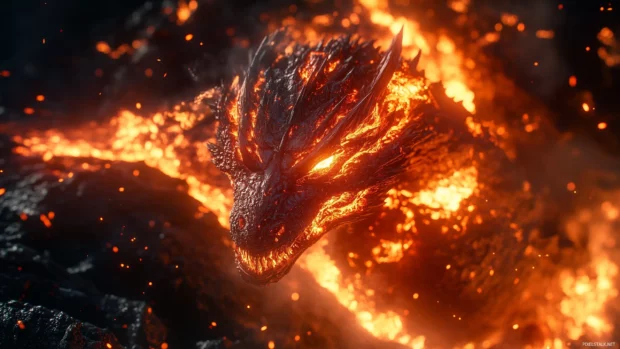 A close up of a fire Dragon head, its molten eyes burning with intensity, and flames erupting from its mouth against a dark volcanic background.