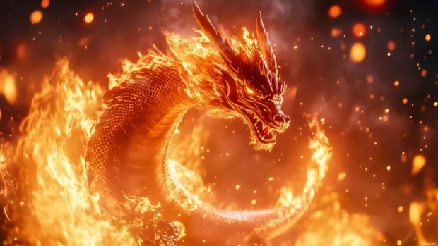 A fierce fire Dragon emerging from a blazing inferno, its scales glowing red and orange, with flames dancing around its body in a dynamic swirl.