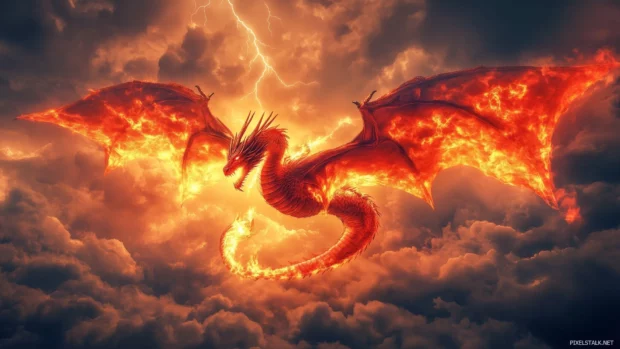 A fierce red Dragon flying through stormy skies, breathing fire as lightning illuminates its scales.