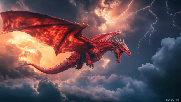 A fierce, red Dragon soaring through a stormy sky, surrounded by lightning strikes and dark clouds.