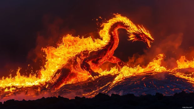 A fire Dragon emerging from a lava pit, its entire body ignited with flames, as molten lava flows beneath its feet.