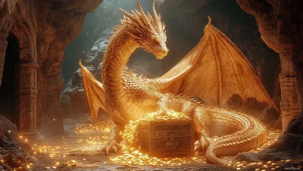 A golden Dragon coiled around an ancient treasure chest in a dimly lit cavern.