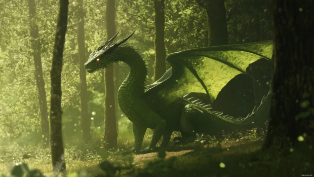 A green forest Dragon camouflaged among towering trees, its eyes glowing and wings blending seamlessly with the foliage.