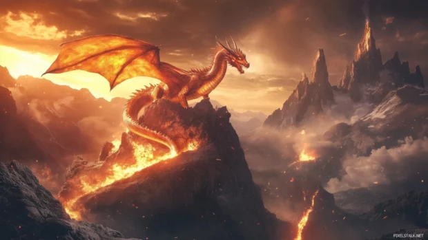 A majestic fire Dragon coiling around a mountain peak, flames cascading from its body.