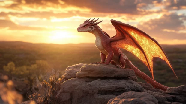 A majestic red Dragon perched atop a rocky cliff, with its wings spread wide against a fiery sunset backdrop.