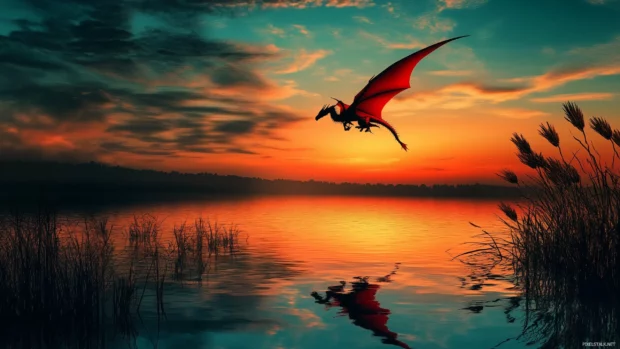 A silhouette of a red Dragon flying over a tranquil lake during sunset, with the water reflecting its vibrant colors.