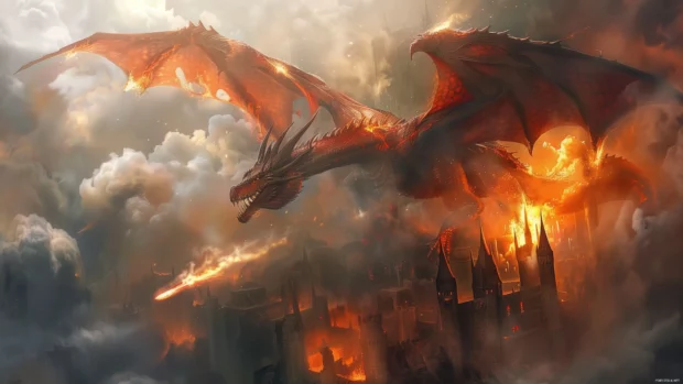 Fierce cool Dragon flying over a medieval castle with flames and smoke .