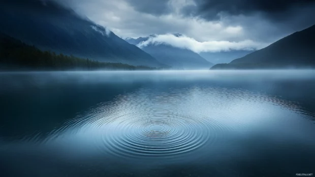 A scenic view of a mountain lake during a rainstorm with gentle ripples forming on the water surface, misty clouds drifting over distant peaks.