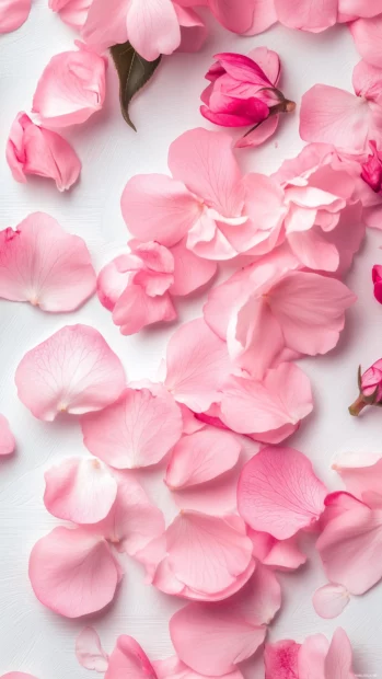 A simple high resolution wallpaper with delicate pastel flower petals scattered on a soft white background.