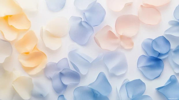 A simple wallpaper features delicate flower petals in soft pastel colors scattered across a white background.