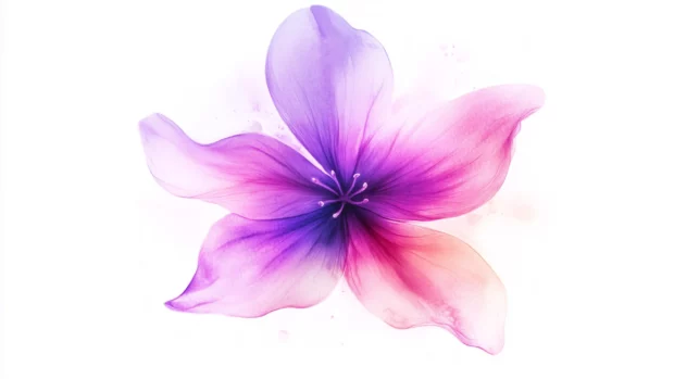 A simple watercolor flower, with soft pink and purple petals, against a clean white backdrop.