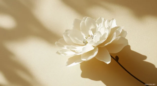 A single white flower high resolution wallpaper with a soft shadow, set against a muted beige background.