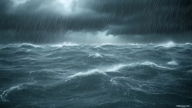 Dark stormy clouds with heavy rain falling over the ocean, dramatic waves crashing against the shore.